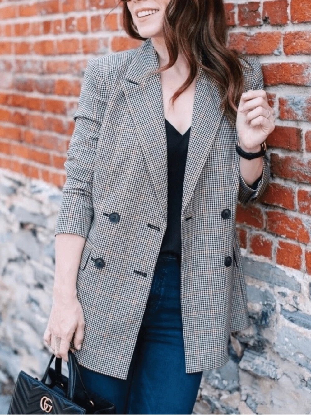 Trouve Women's Houndstooth Double-Breasted Blazer - Black/White Small